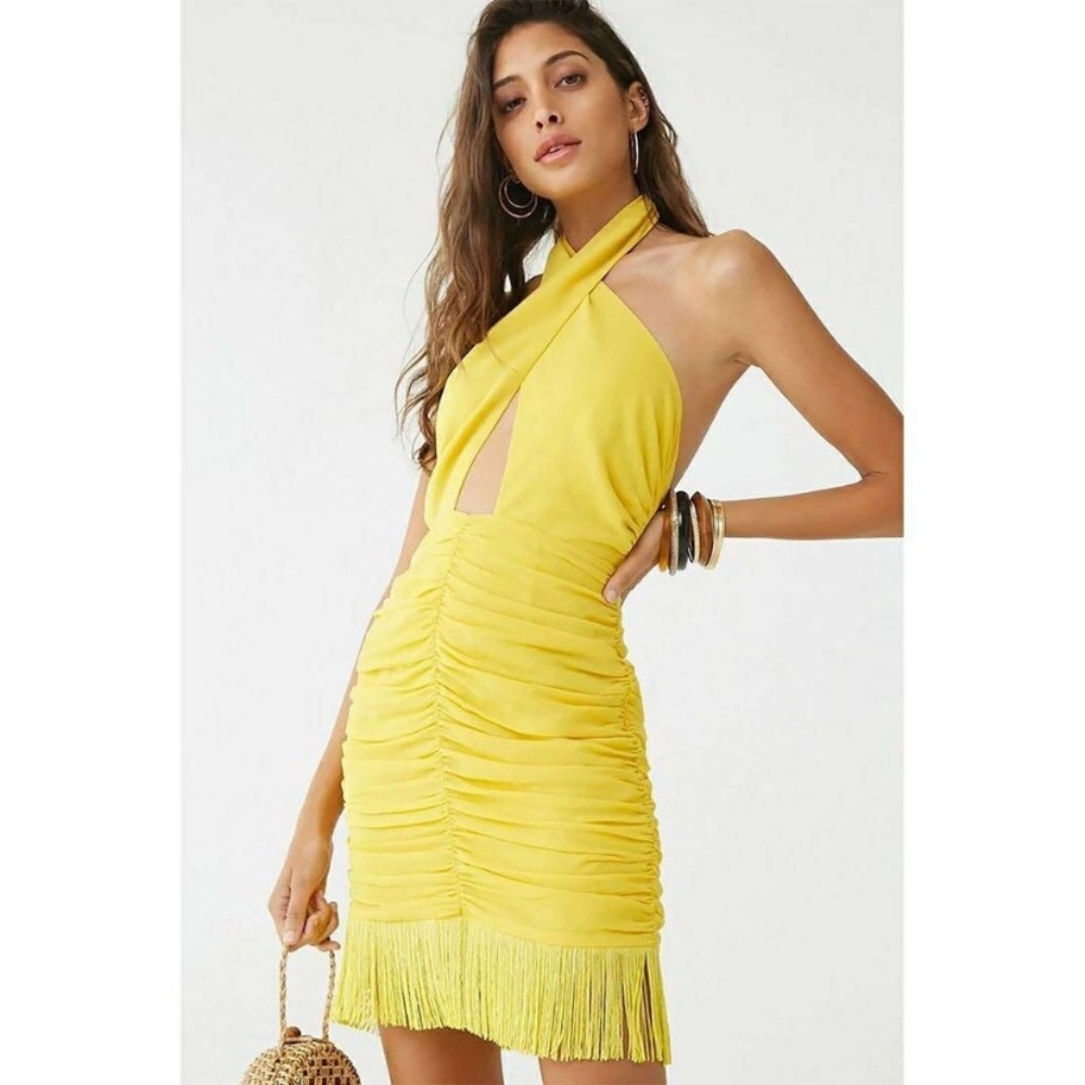 Forever 21 Yellow Rouched Fringe Halter Dress